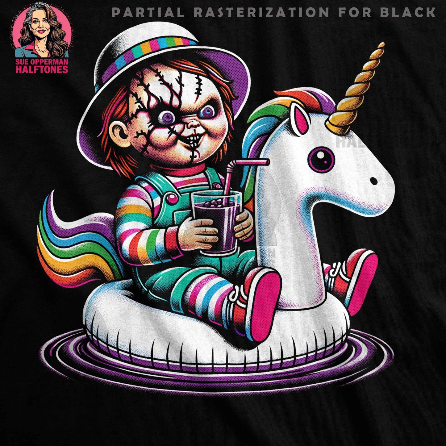 Chucky on Unicorn Halftone T-Shirt Design - halftone PNG for T-shirts – Sue Opperman Halftones
