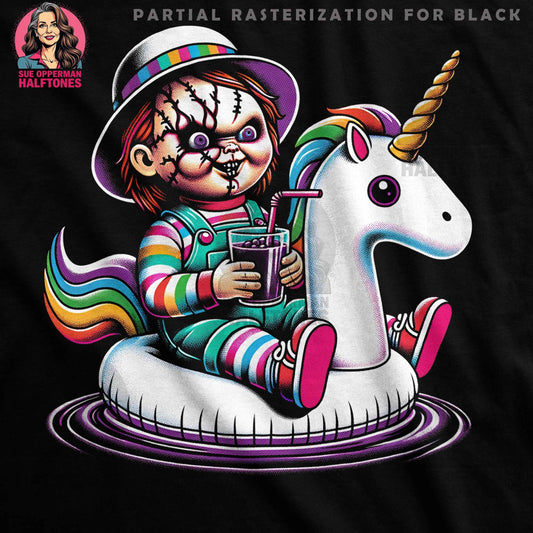 Chucky on Unicorn Halftone T-Shirt Design - halftone PNG for T-shirts – Sue Opperman Halftones