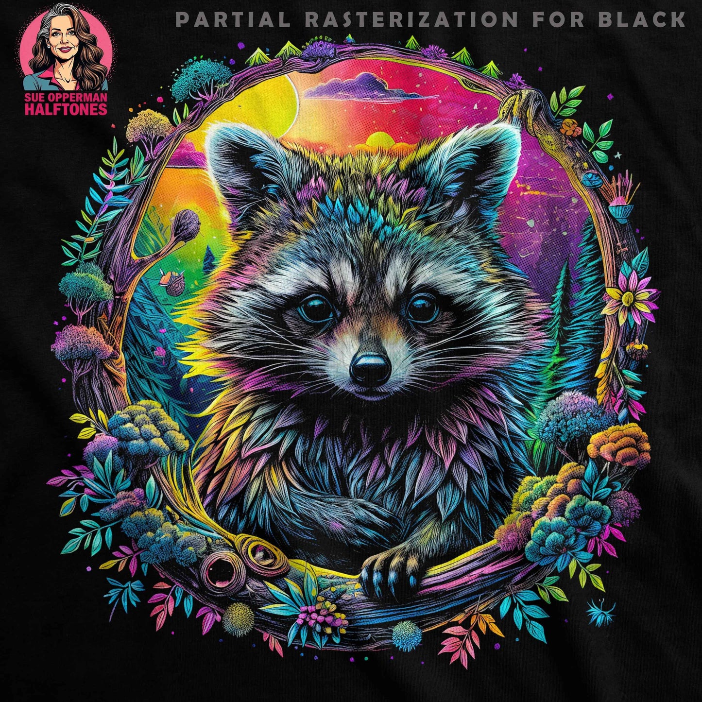 Raccoon Surrounded with Plants Digital halftone T-shirt Design - halftone PNG for T-shirts – Sue Opperman Halftones
