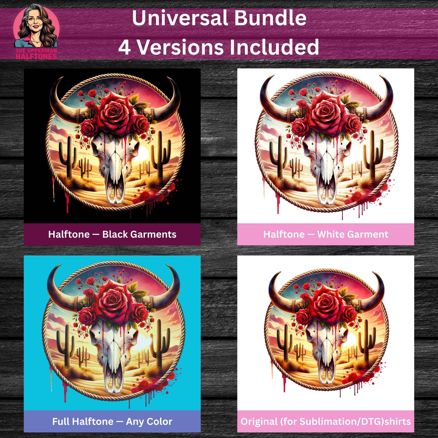 Skull in Desert Landscape Floral Touch Universal Print Bundle - halftone PNG for T-shirts – Sue Opperman Halftones