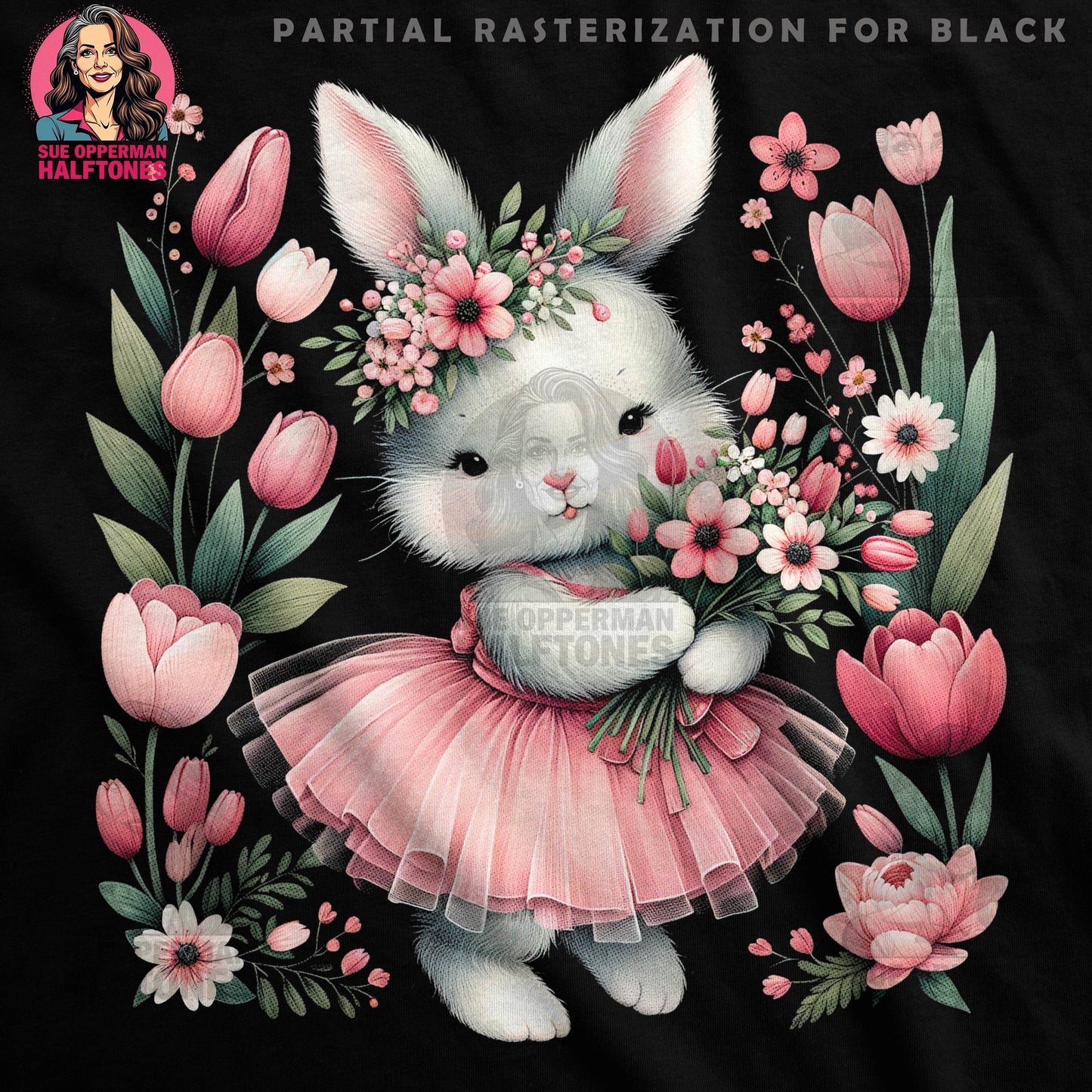 Bunny with Tulips in a Tutu Halftone T-Shirt Design - halftone PNG for T-shirts – Sue Opperman Halftones