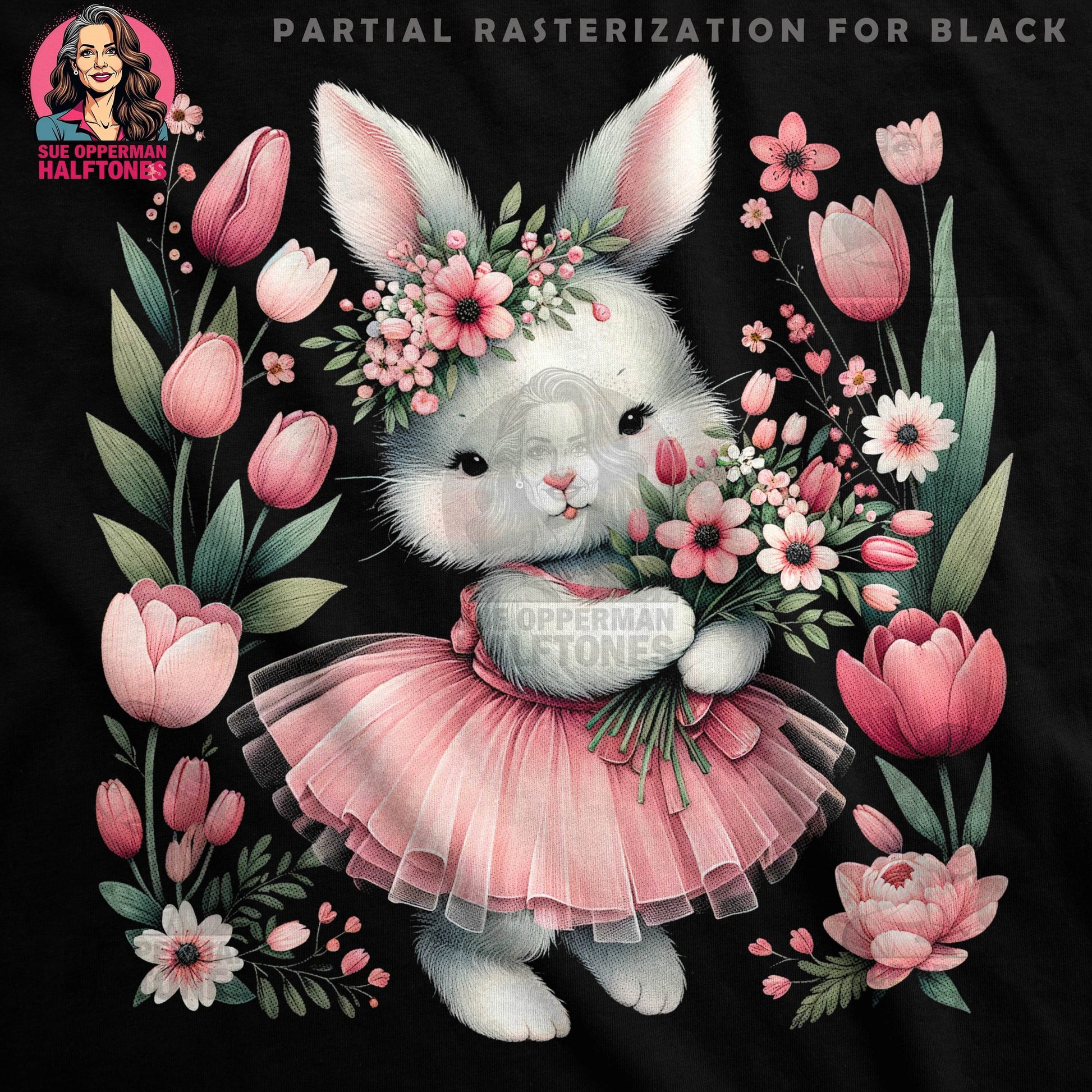 Bunny with Tulips in a Tutu Halftone T-Shirt Design - halftone PNG for T-shirts – Sue Opperman Halftones