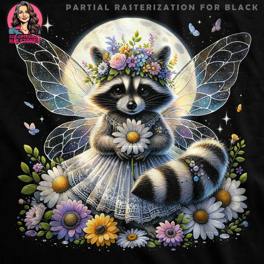 Whimsical Raccoon Fairy With Flowers Halftoned T-Shirt Design - halftone PNG for T-shirts – Sue Opperman Halftones