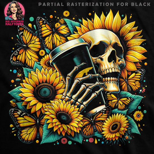 Skull With Coffee Sunflower Butterflies Halftoned T-Shirt Design - halftone PNG for T-shirts – Sue Opperman Halftones