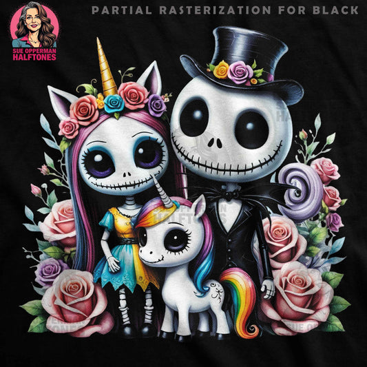 Jack and Sally Unicorns Roses Halftone T-Shirt Design - halftone PNG for T-shirts – Sue Opperman Halftones