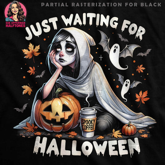 Halloween Girl Waiting with Pumpkin Halftoned T-shirt Design - halftone PNG for T-shirts – Sue Opperman Halftones