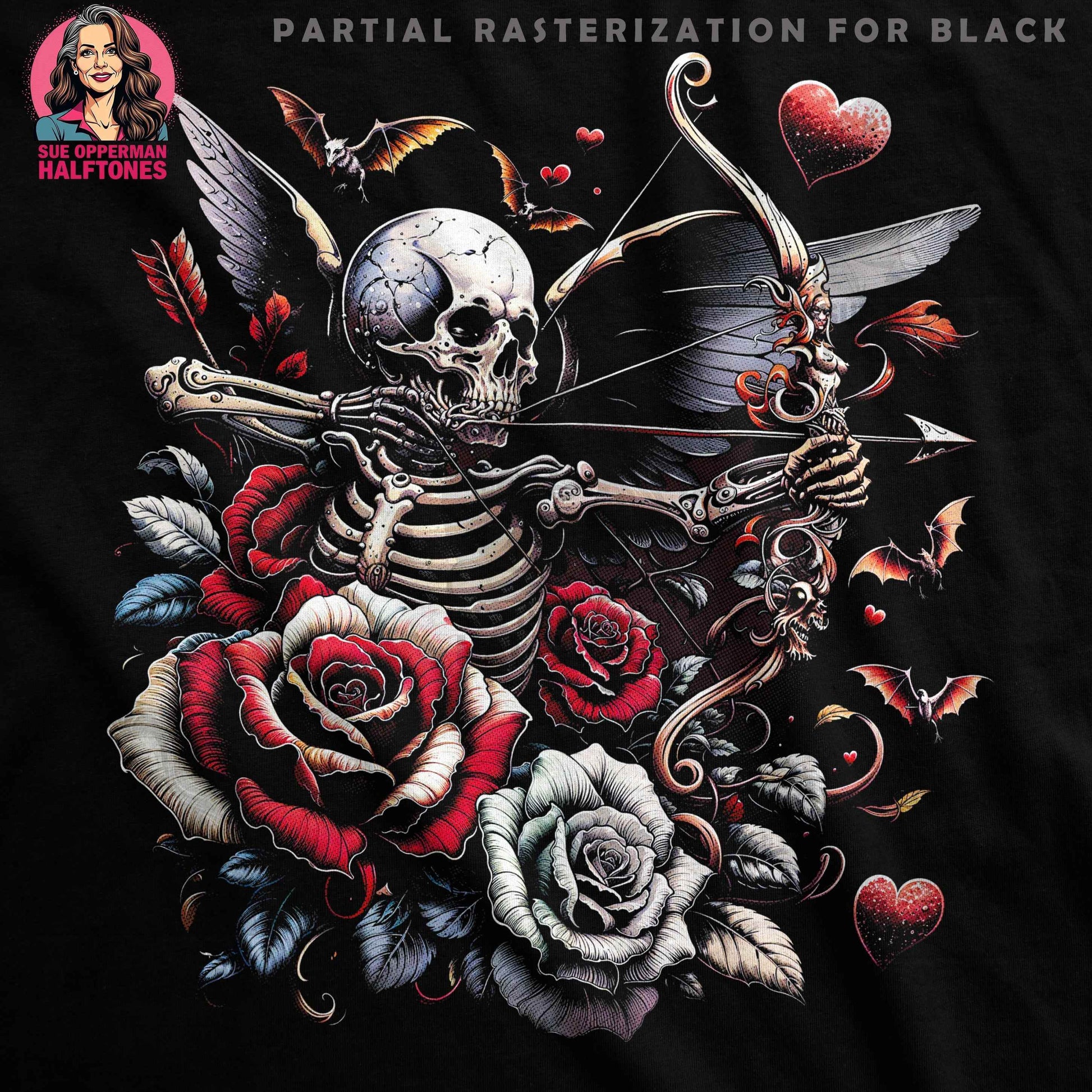 Valentines Skull Roses Skeleton Angel Wings Halftoned T-Shirt Design - halftone PNG for T-shirts – Sue Opperman Halftones