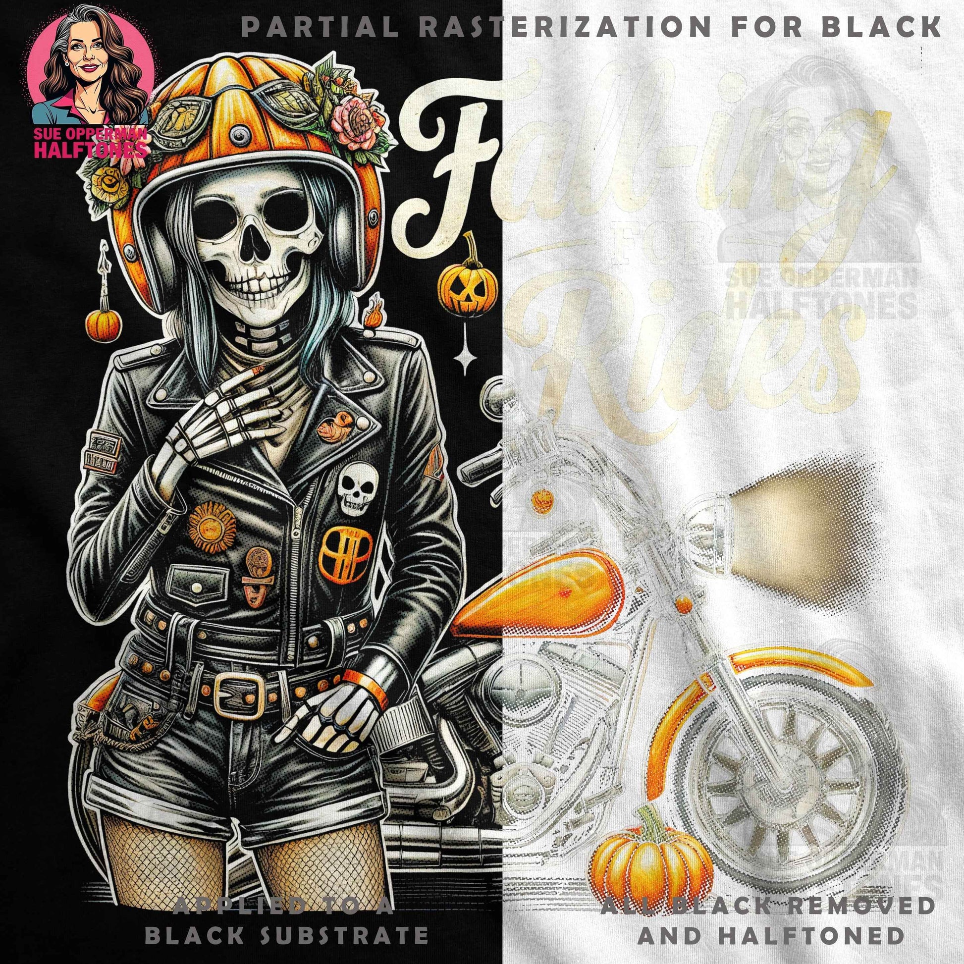 Halloween Skeleton Girl Motorcycle Digital Halftoned T-Shirt Design - halftone PNG for T-shirts – Sue Opperman Halftones