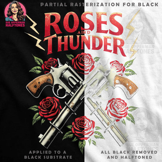 Roses and Thunder with Guns Halftoned T-Shirt Design - halftone PNG for T-shirts – Sue Opperman Halftones