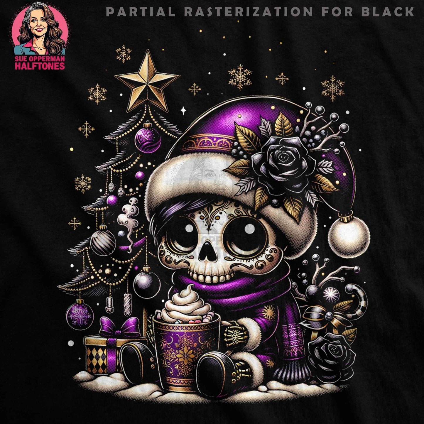 Christmas Sugar Skull with Tree Halftone T-Shirt Design - halftone PNG for T-shirts – Sue Opperman Halftones