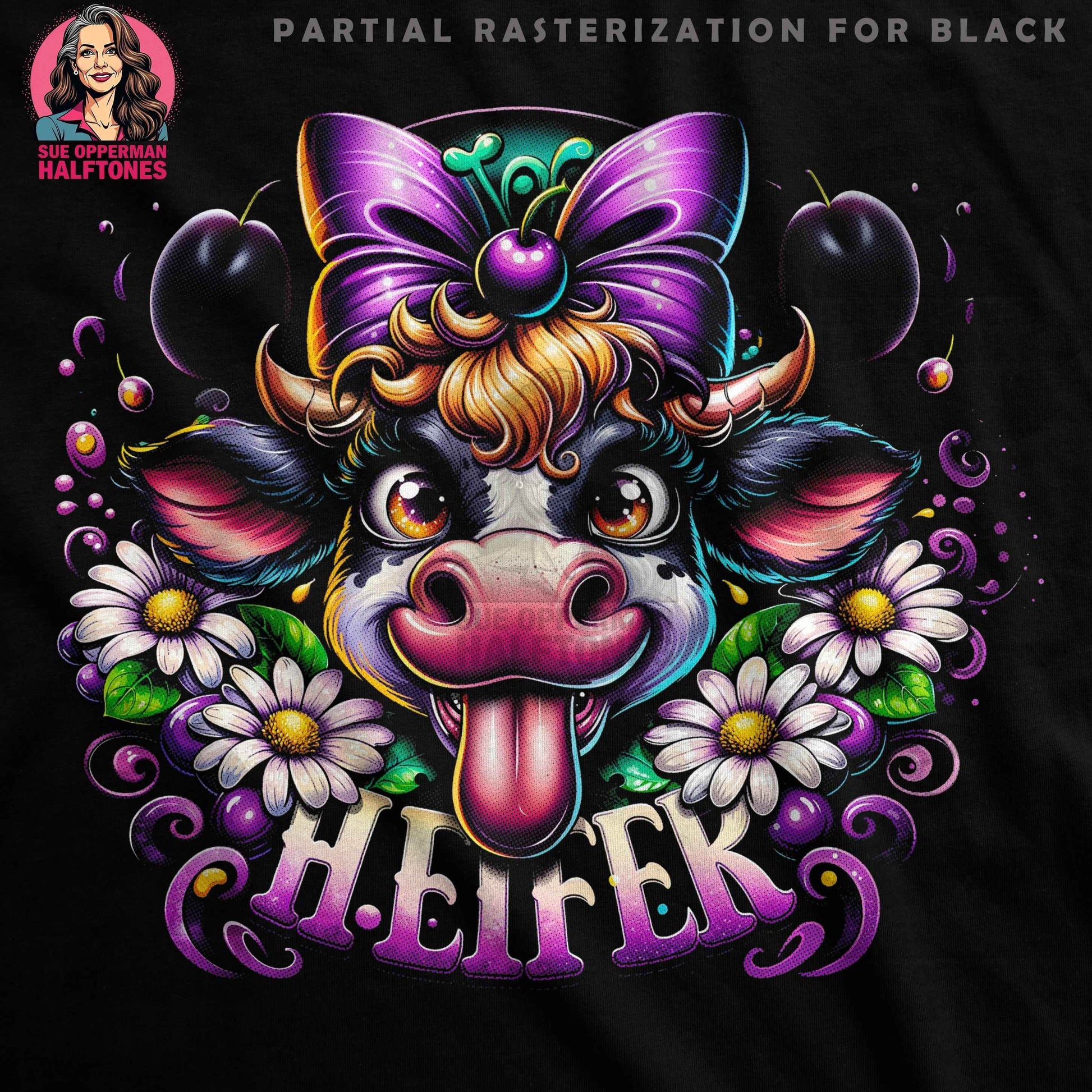 Animals Heifer with Flowers Bow Halftone T-Shirt Designs - halftone PNG for T-shirts – Sue Opperman Halftones