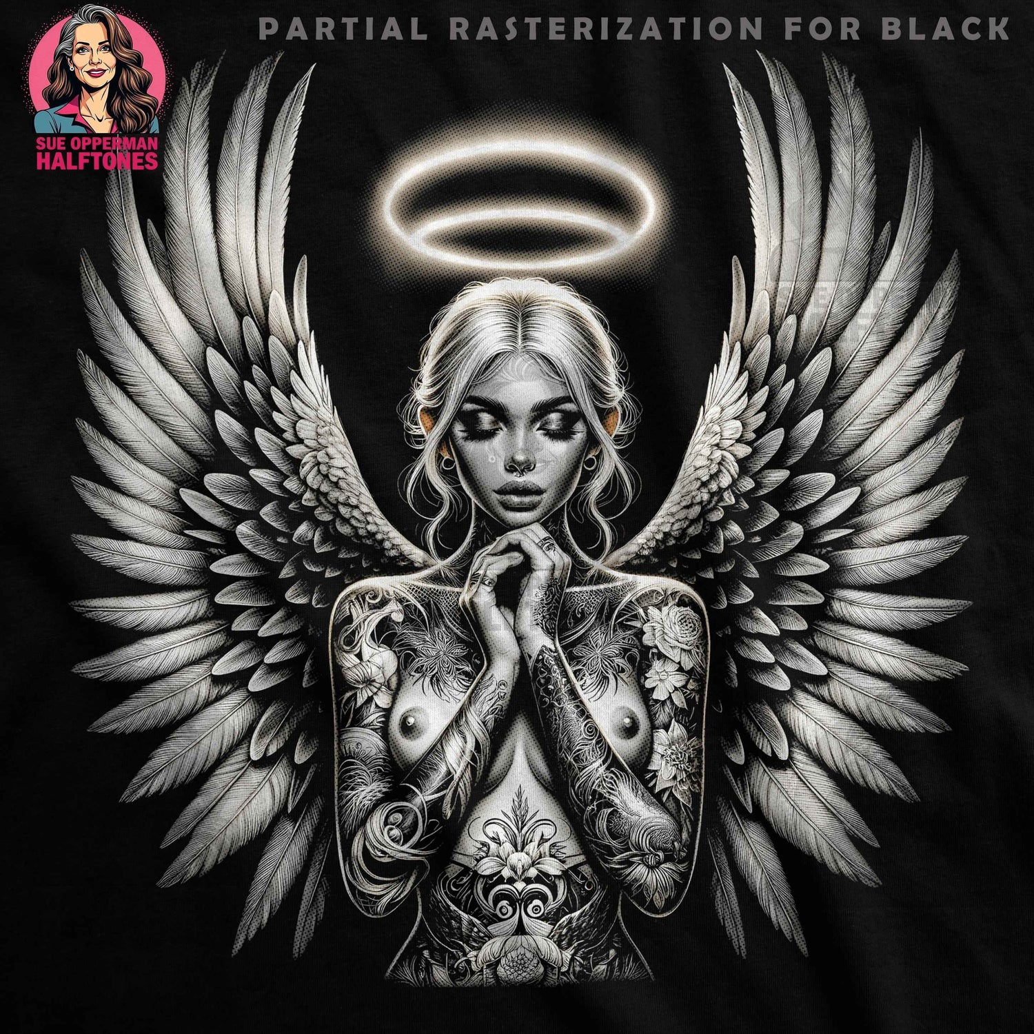 Angel Wings Tattooed Woman Halftone T-Shirt Design - halftone PNG for T-shirts – Sue Opperman Halftones