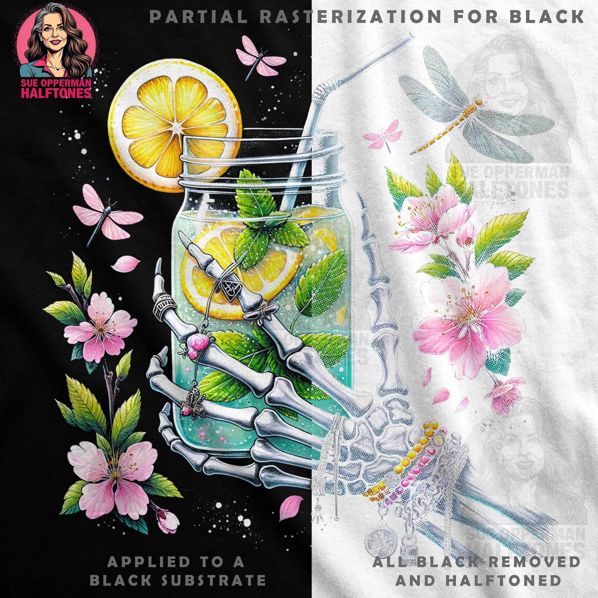 Floral Lemonade with Skeleton Hand Halftoned T-Shirt Design - halftone PNG for T-shirts – Sue Opperman Halftones