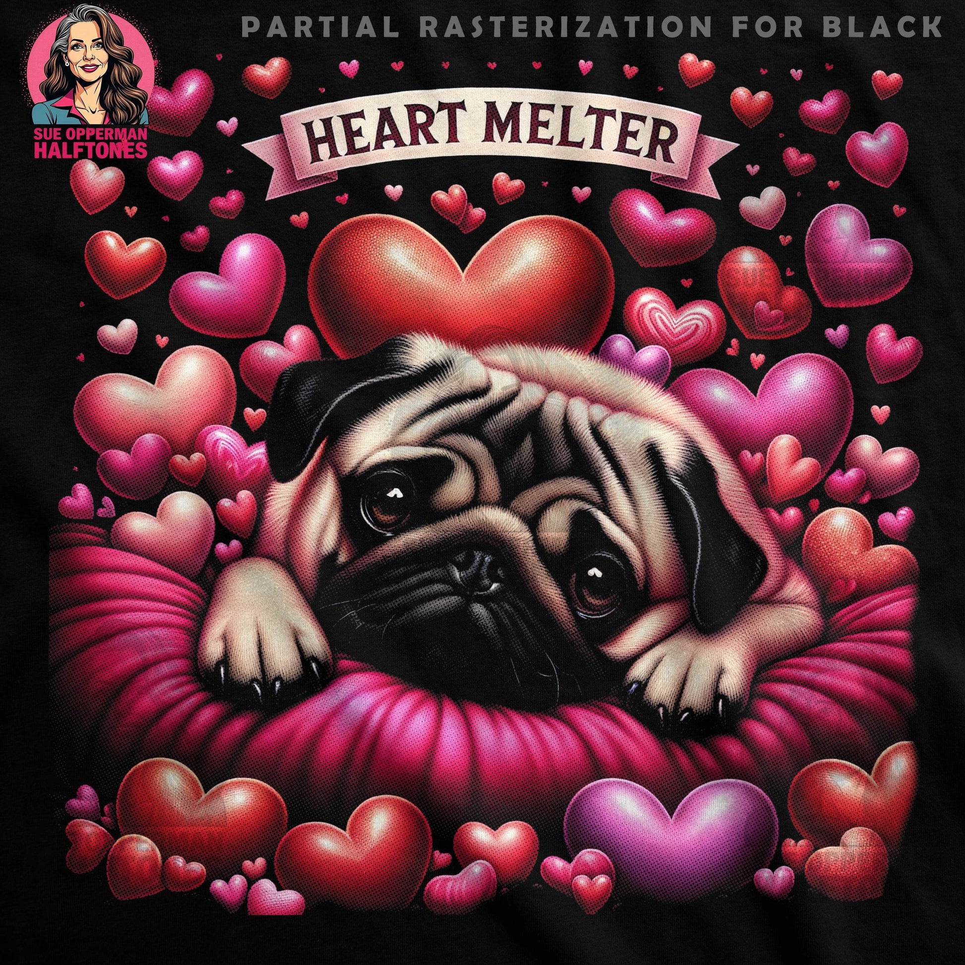 Pug with Hearts Valentine Halftone T-Shirt Design - halftone PNG for T-shirts – Sue Opperman Halftones