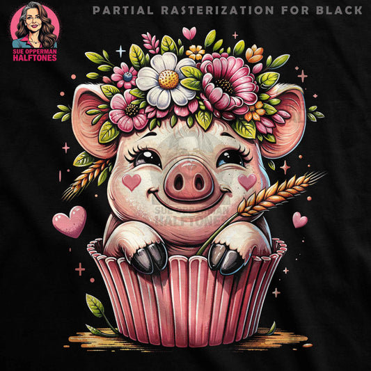 Whimsical Pig With Flowers Crown Halftoned T-Shirt Design - halftone PNG for T-shirts – Sue Opperman Halftones
