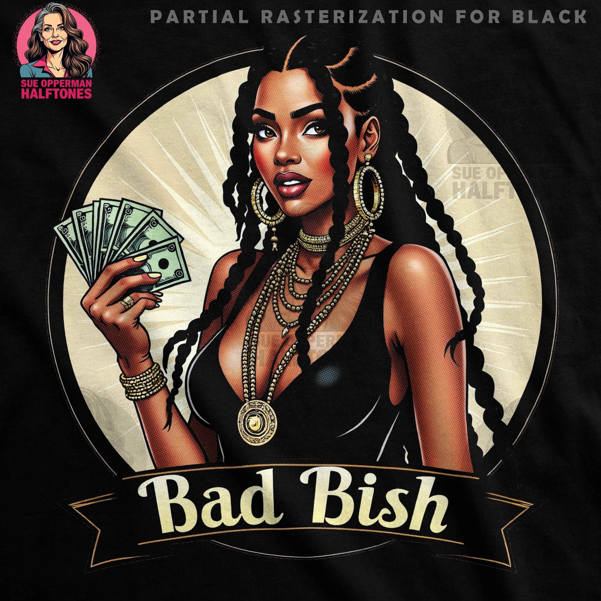 Glamour Female with Money Halftoned T-Shirt Design - halftone PNG for T-shirts – Sue Opperman Halftones