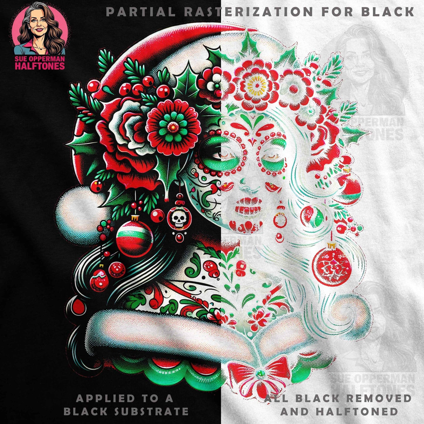 Christmas Sugar Skull with Ornaments Halftoned T-Shirt Design - halftone PNG for T-shirts – Sue Opperman Halftones