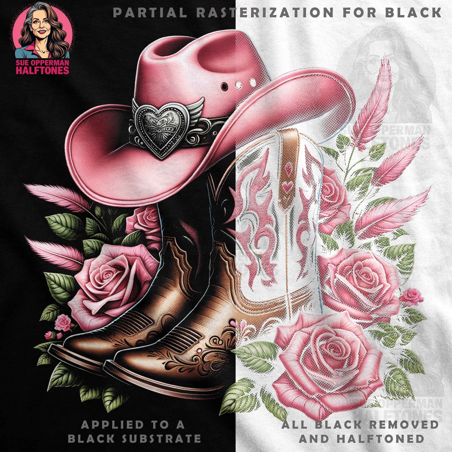 Cowboy Boots Roses Feather Design Halftone T-Shirt Design - halftone PNG for T-shirts – Sue Opperman Halftones