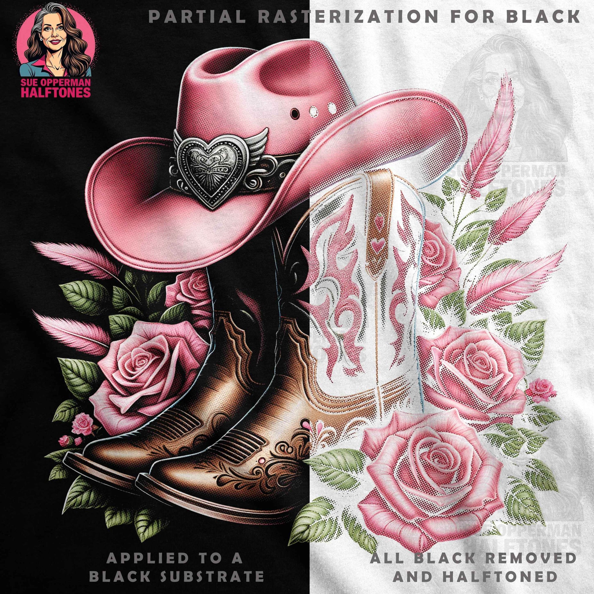 Cowboy Boots Roses Feather Design Halftone T-Shirt Design - halftone PNG for T-shirts – Sue Opperman Halftones