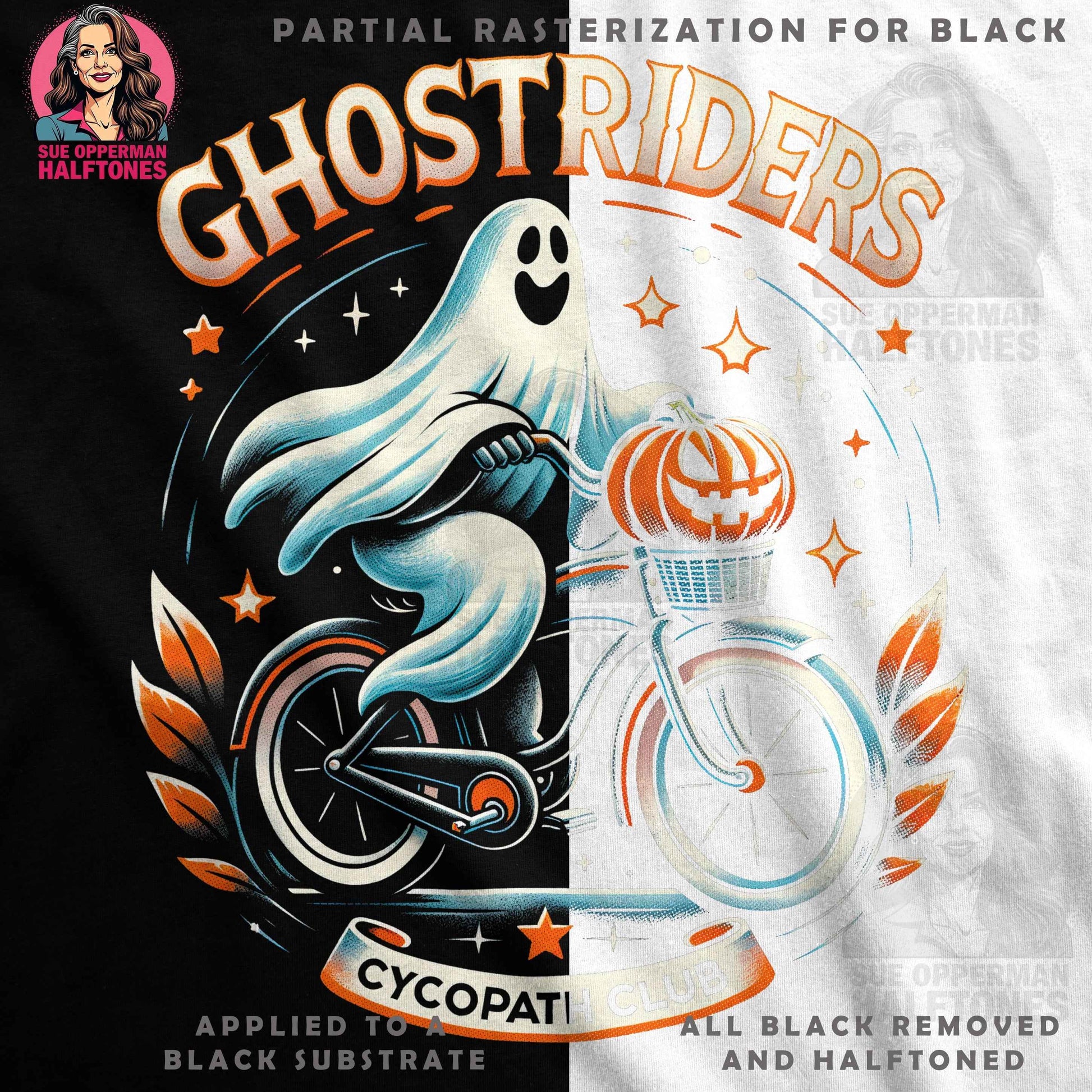 Ghost on Bike with Pumpkin Halftone T-Shirt Design - halftone PNG for T-shirts – Sue Opperman Halftones