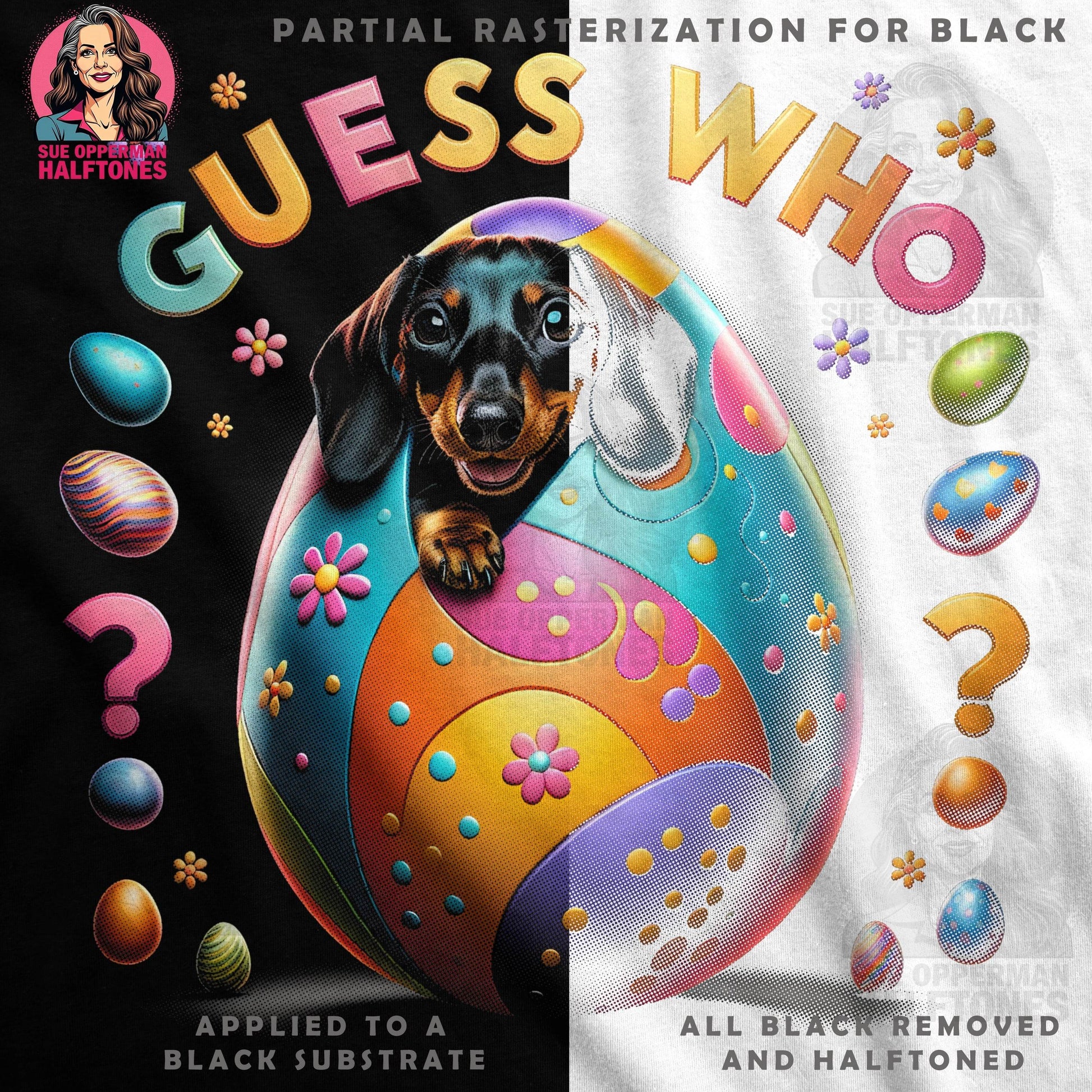Easter Dachshund Guess Who Egg Halftone T-Shirt Design - halftone PNG for T-shirts – Sue Opperman Halftones