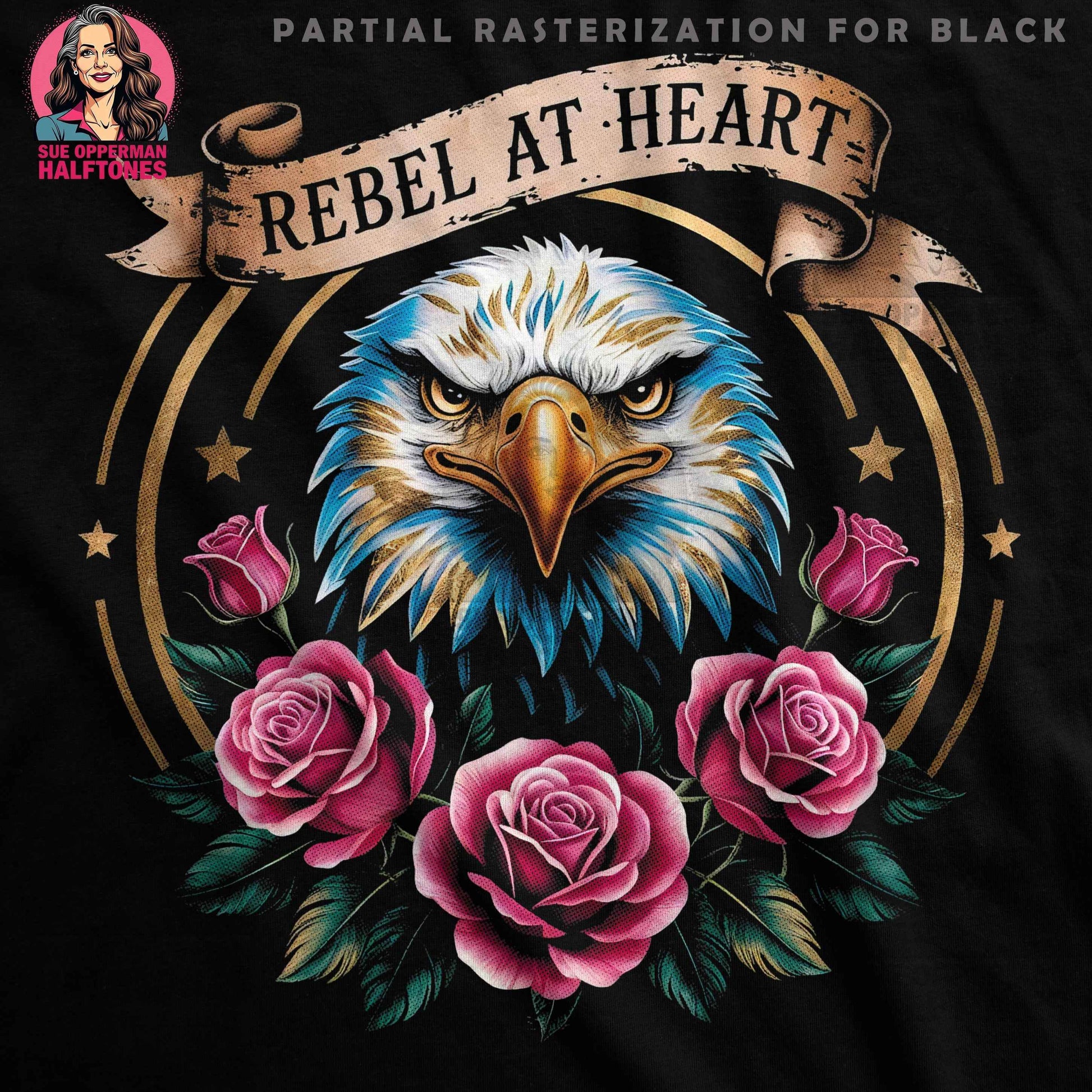 Eagle With Roses Rebel at Heart Halftoned T-Shirt Design - halftone PNG for T-shirts – Sue Opperman Halftones