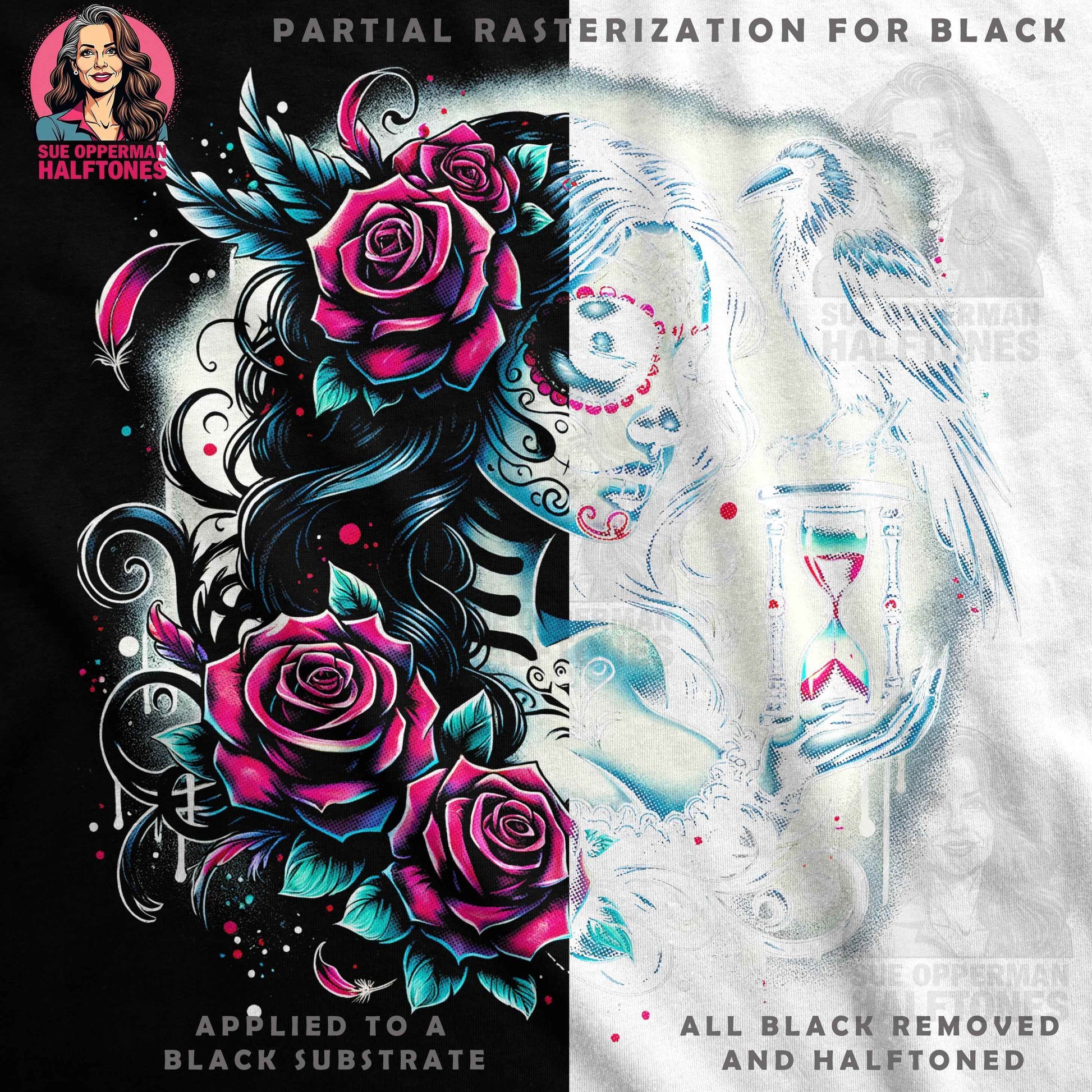 Sugar Skull Rose Raven Halftone T-Shirt Design Digital - halftone PNG for T-shirts – Sue Opperman Halftones
