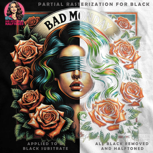 Bad Monday Roses Blindfolded Woman Digital halftoned T-Shirt Design - halftone PNG for T-shirts – Sue Opperman Halftones
