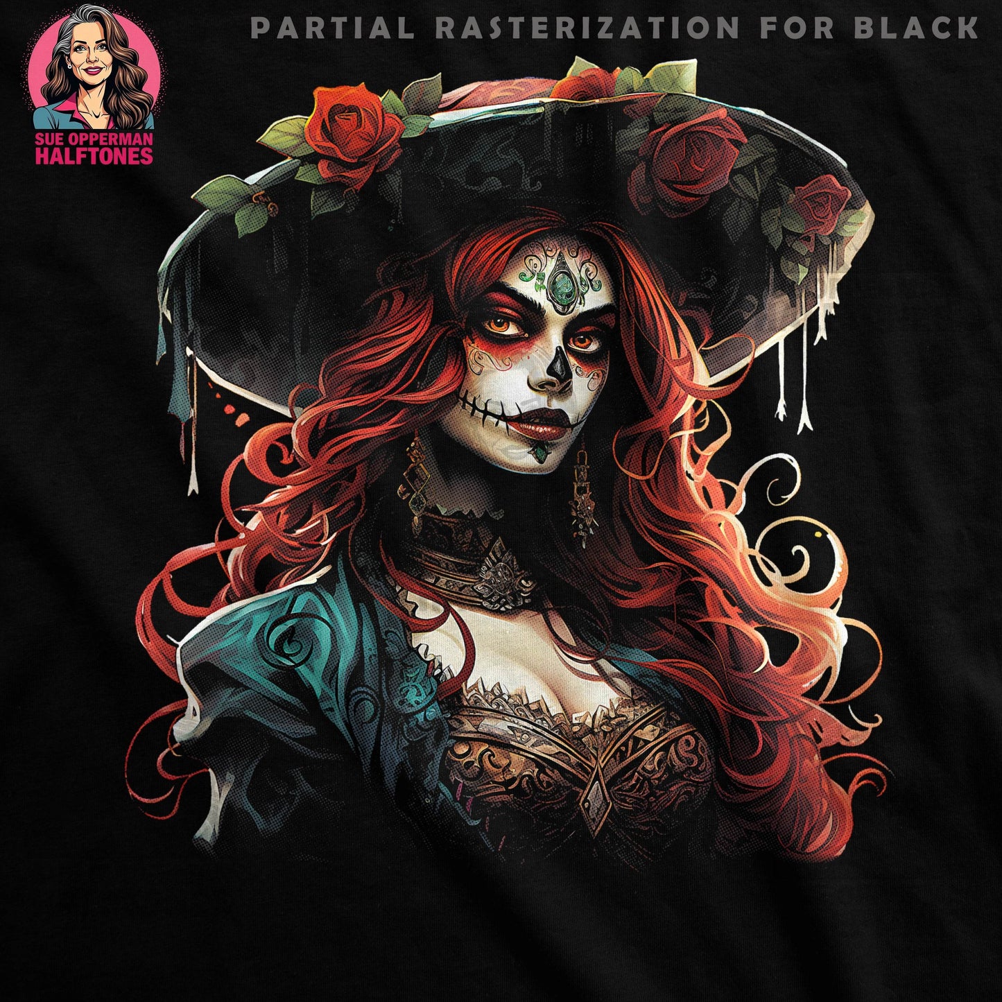 Skull Sugar Bride And Roses Halftone T-Shirt Design - halftone PNG for T-shirts – Sue Opperman Halftones