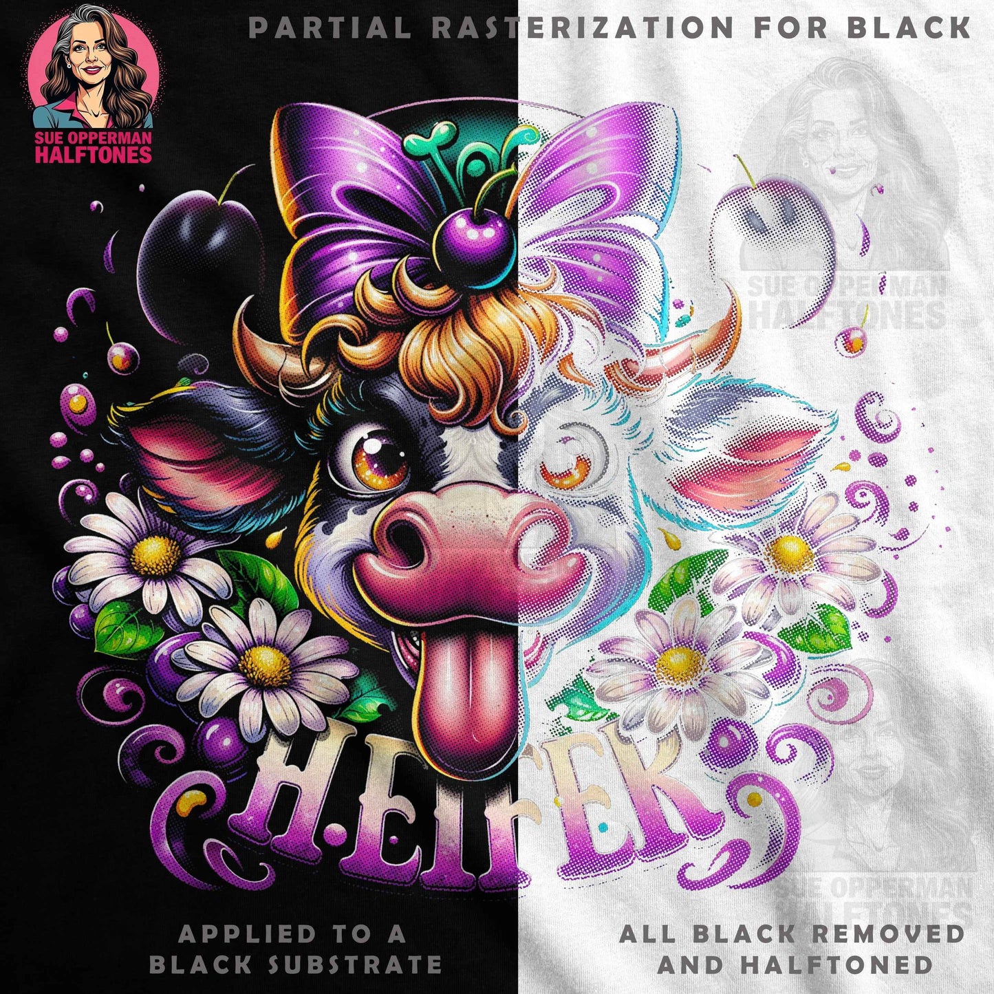 Animals Heifer with Flowers Bow Halftone T-Shirt Designs - halftone PNG for T-shirts – Sue Opperman Halftones