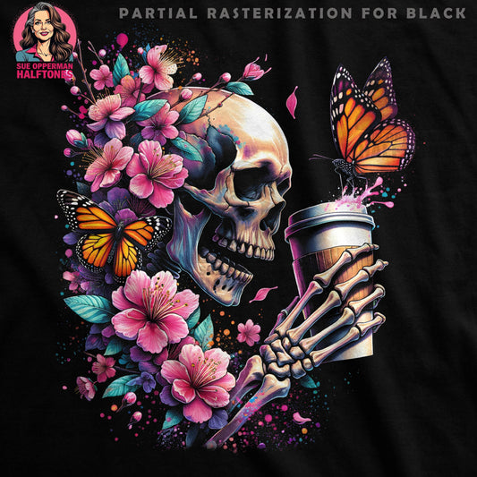 Floral Skull And Coffee With Butterfly Halftoned T-Shirt Design - halftone PNG for T-shirts – Sue Opperman Halftones