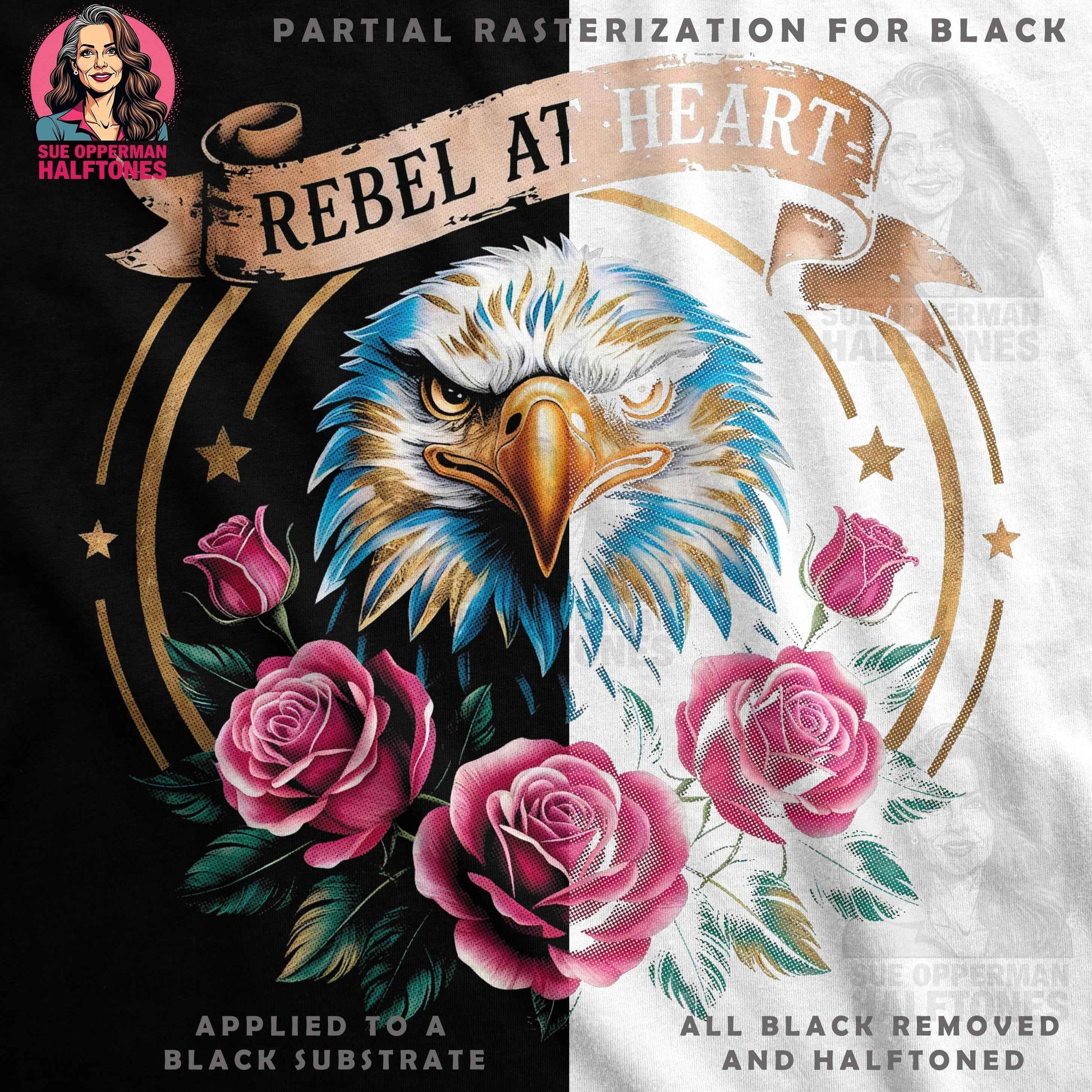 Eagle With Roses Rebel at Heart Halftoned T-Shirt Design - halftone PNG for T-shirts – Sue Opperman Halftones