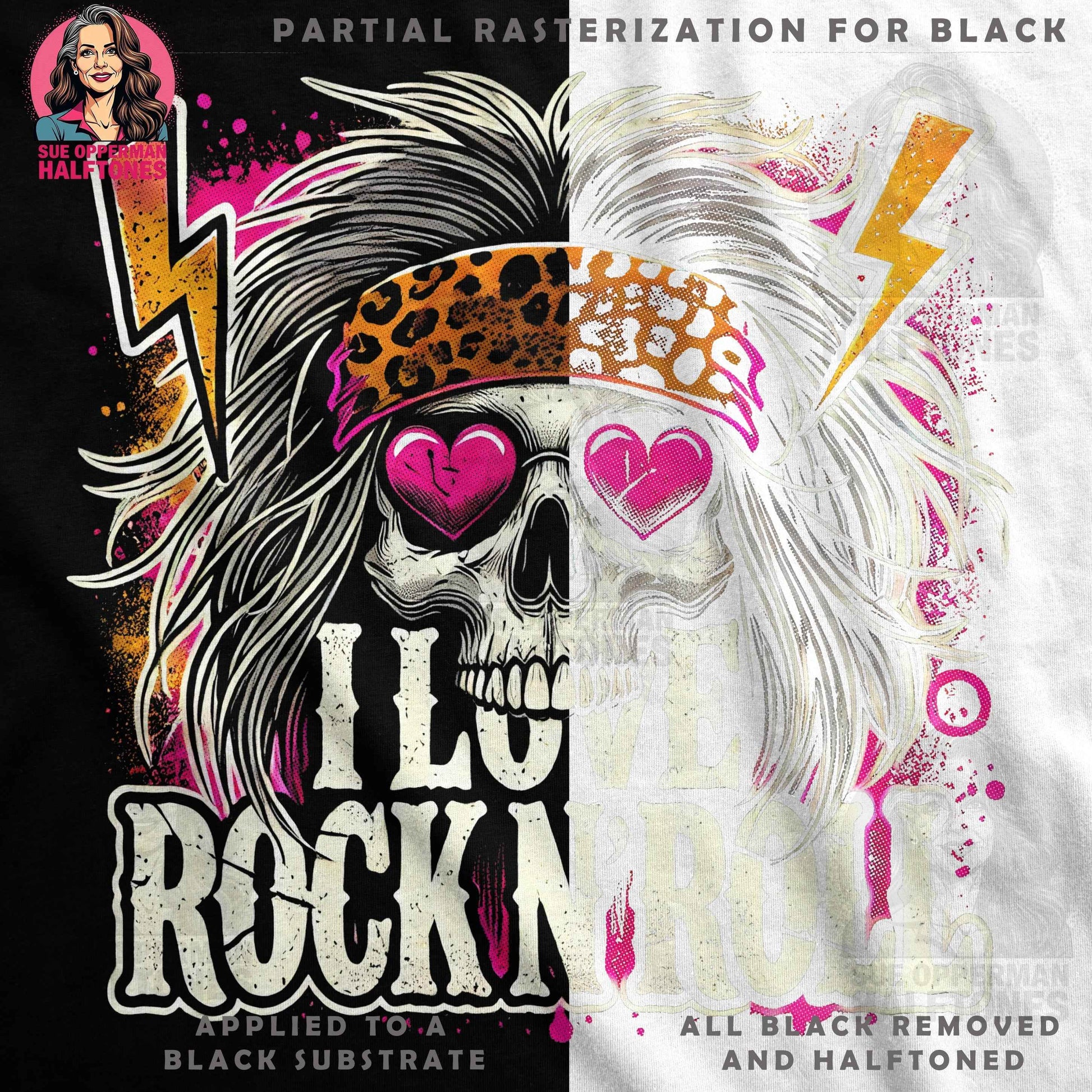 Skull with Rock and Roll message Halftoned T-Shirt Design - halftone PNG for T-shirts – Sue Opperman Halftones