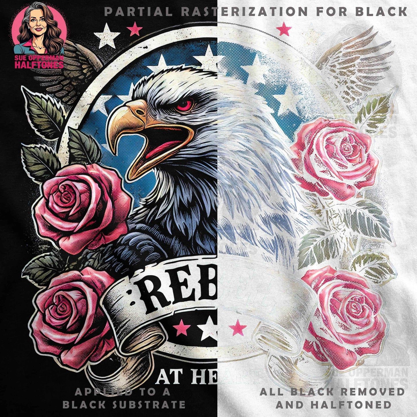 Patriotic Rebel Eagle With Roses Halftoned T-Shirt Design - halftone PNG for T-shirts – Sue Opperman Halftones
