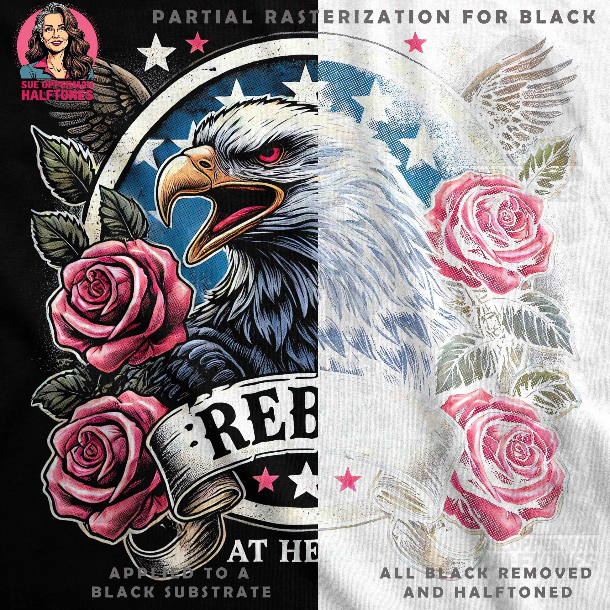 Patriotic Rebel Eagle With Roses Halftoned T-Shirt Design - halftone PNG for T-shirts – Sue Opperman Halftones