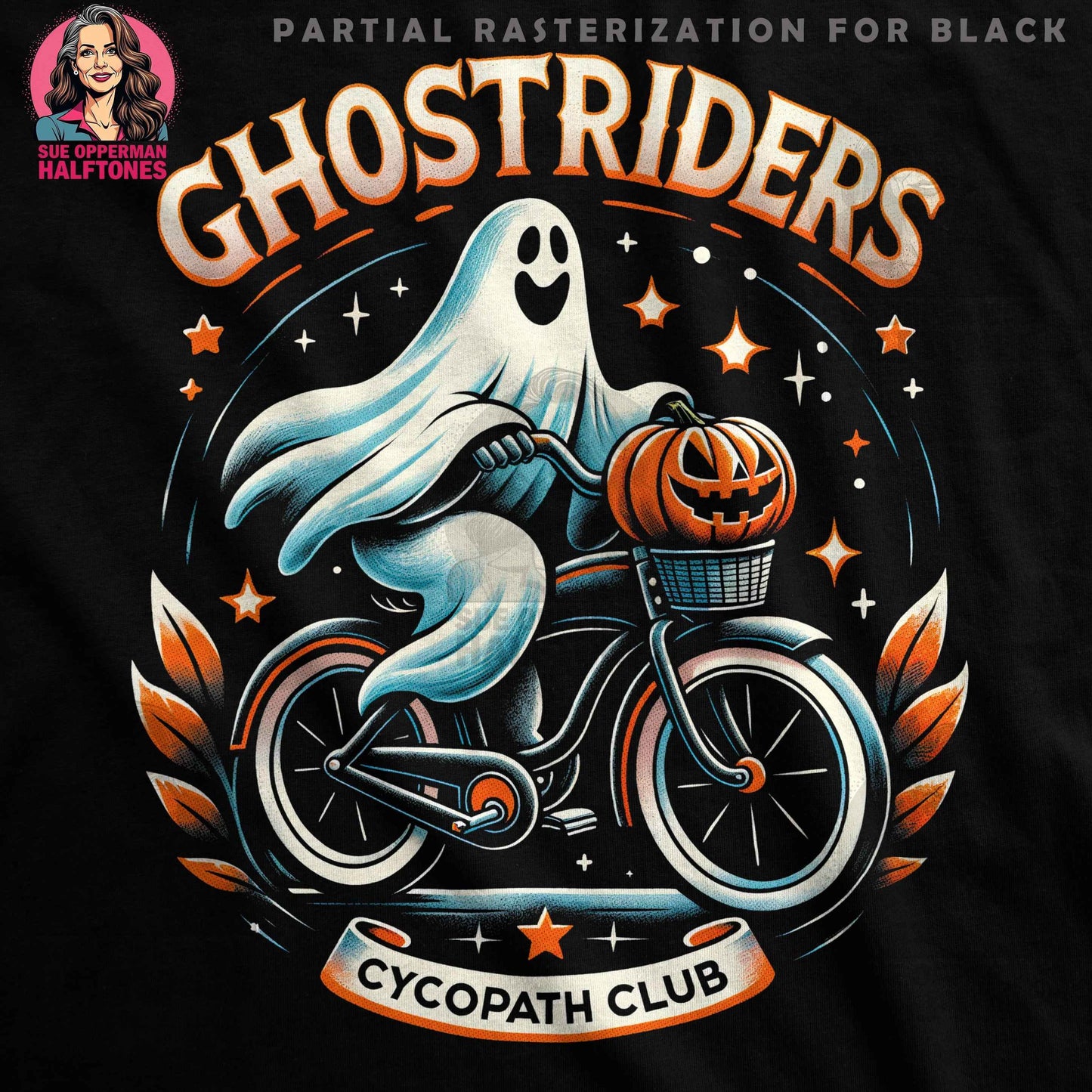 Ghost on Bike with Pumpkin Halftone T-Shirt Design - halftone PNG for T-shirts – Sue Opperman Halftones