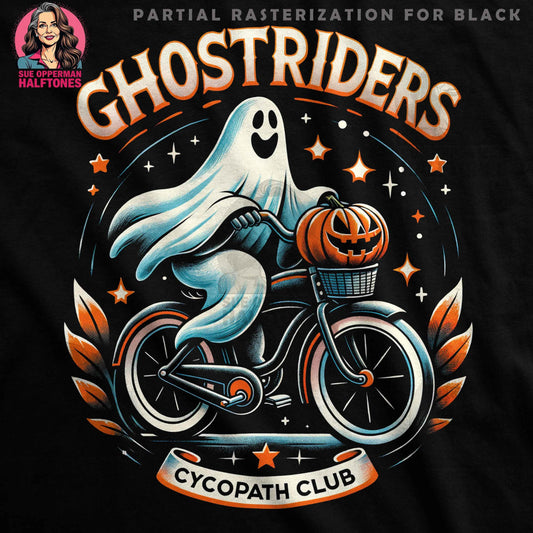 Ghost on Bike with Pumpkin Halftone T-Shirt Design - halftone PNG for T-shirts – Sue Opperman Halftones