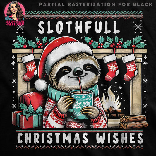 Christmas Sloth with Wishes Halftoned T-Shirt Design - halftone PNG for T-shirts – Sue Opperman Halftones