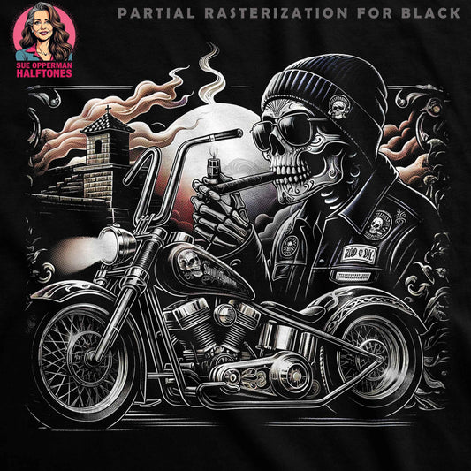 Motorcycle Skull and Church Halftone T-Shirt Design - halftone PNG for T-shirts – Sue Opperman Halftones