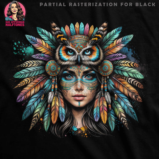 Boho Owl Woman Feathers Halftone T-Shirt Design - halftone PNG for T-shirts – Sue Opperman Halftones