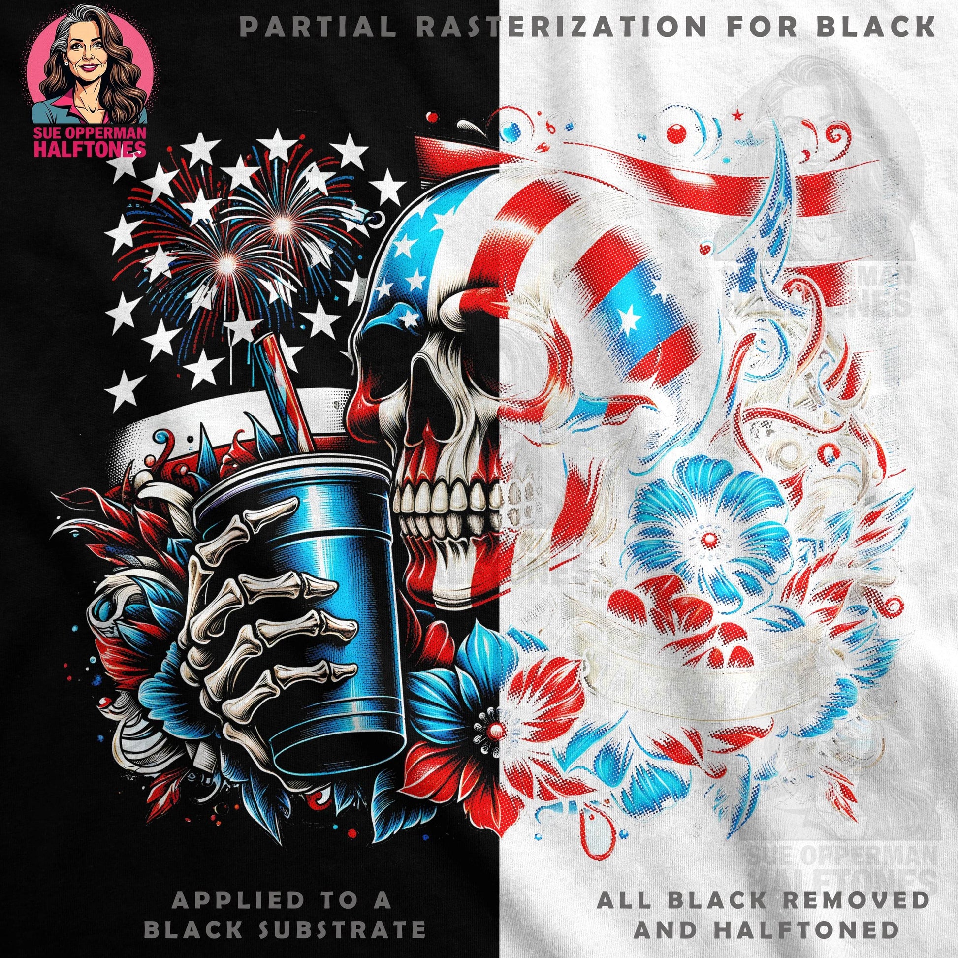 Patriotic Skull Floral Stars Stripes Halftoned T-Shirt Design - halftone PNG for T-shirts – Sue Opperman Halftones