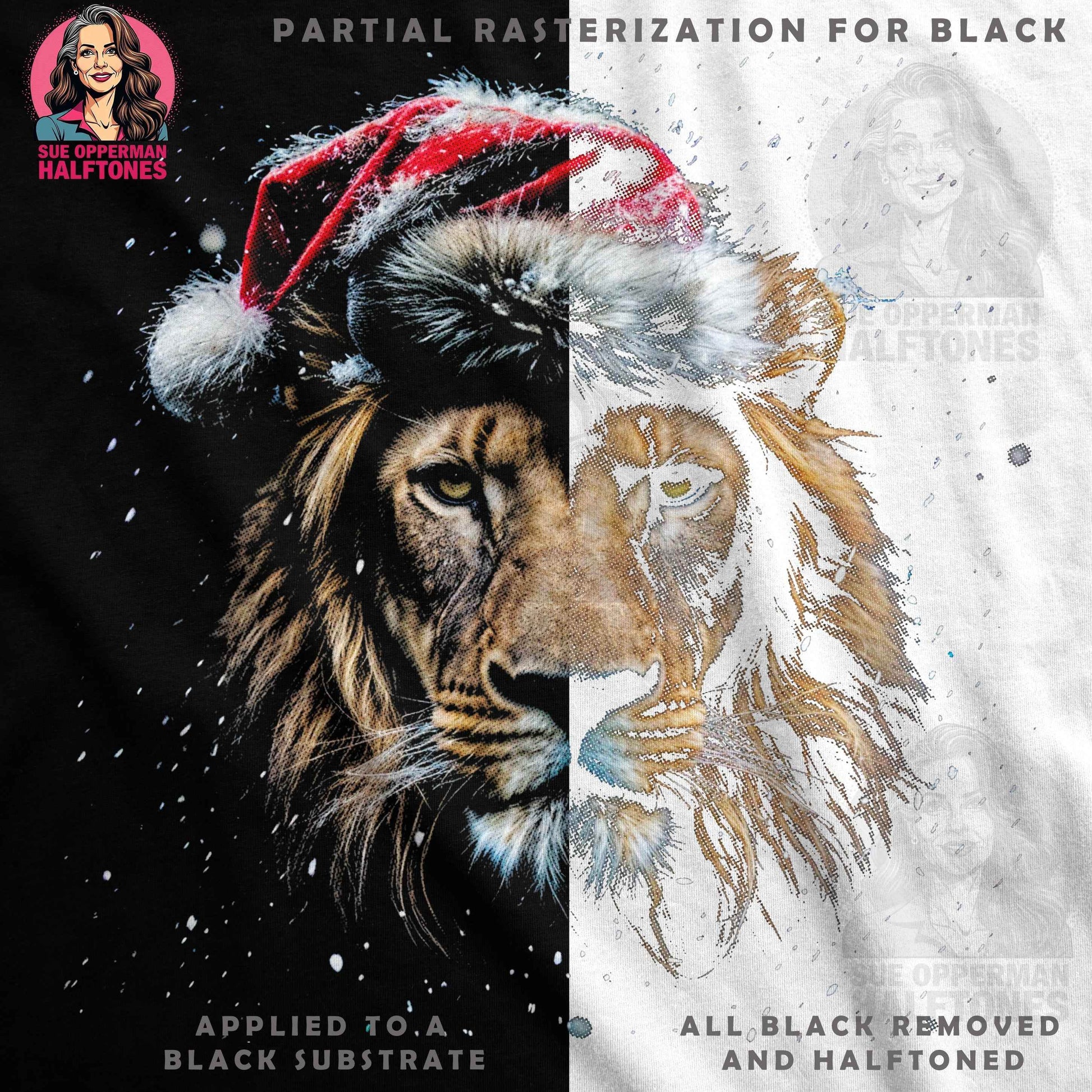 Christmas Lion With Santa Hat Digital Halftoned T-Shirt Design - halftone PNG for T-shirts – Sue Opperman Halftones