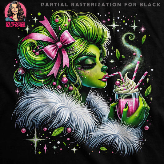 Christmas Grinch Girl Sipping Halftoned T-Shirt Design - halftone PNG for T-shirts – Sue Opperman Halftones