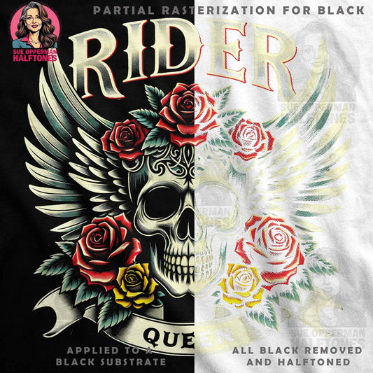 Gothic Rider Queen Skull Rose Halftone T-Shirt Design - halftone PNG for T-shirts – Sue Opperman Halftones