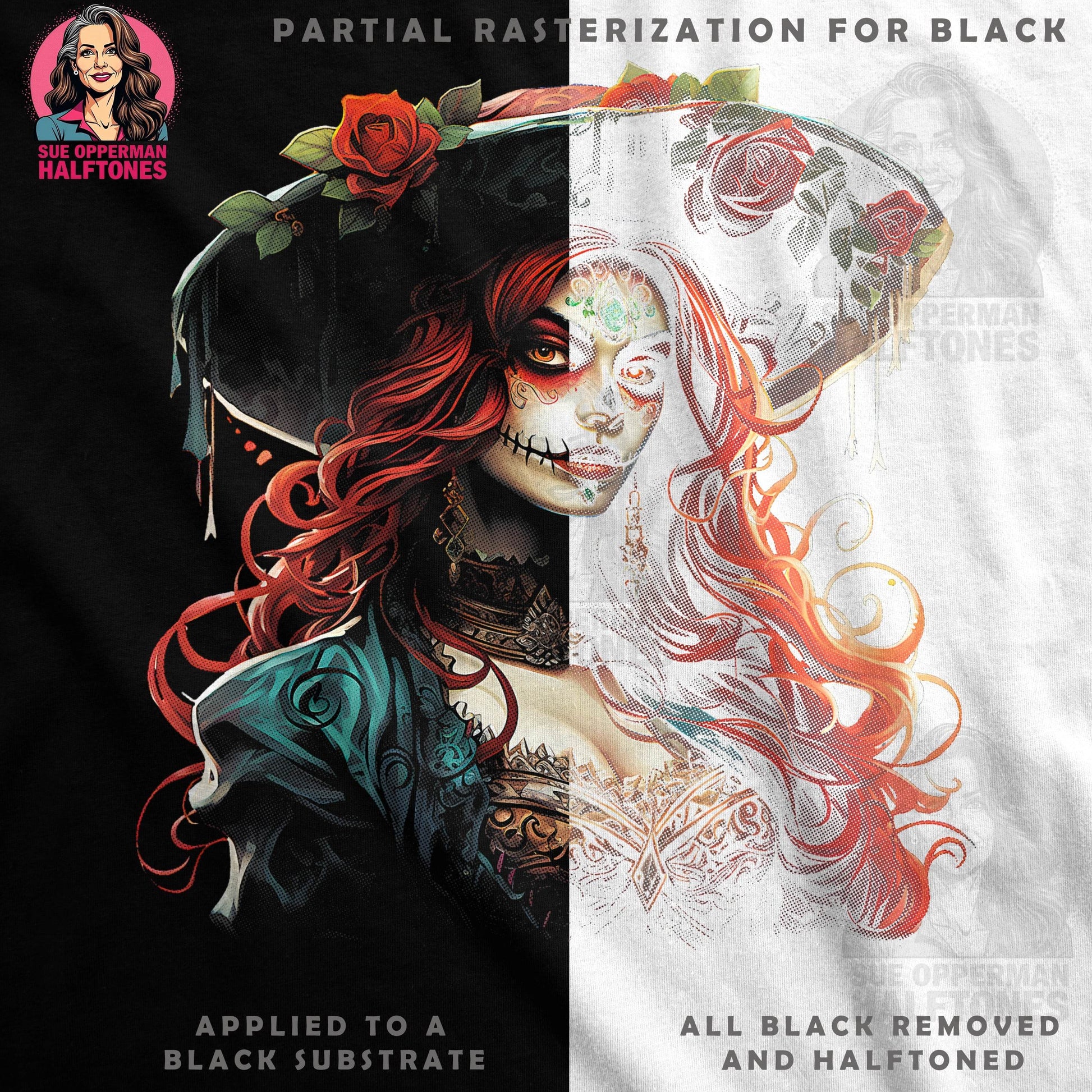 Skull Sugar Bride And Roses Halftone T-Shirt Design - halftone PNG for T-shirts – Sue Opperman Halftones