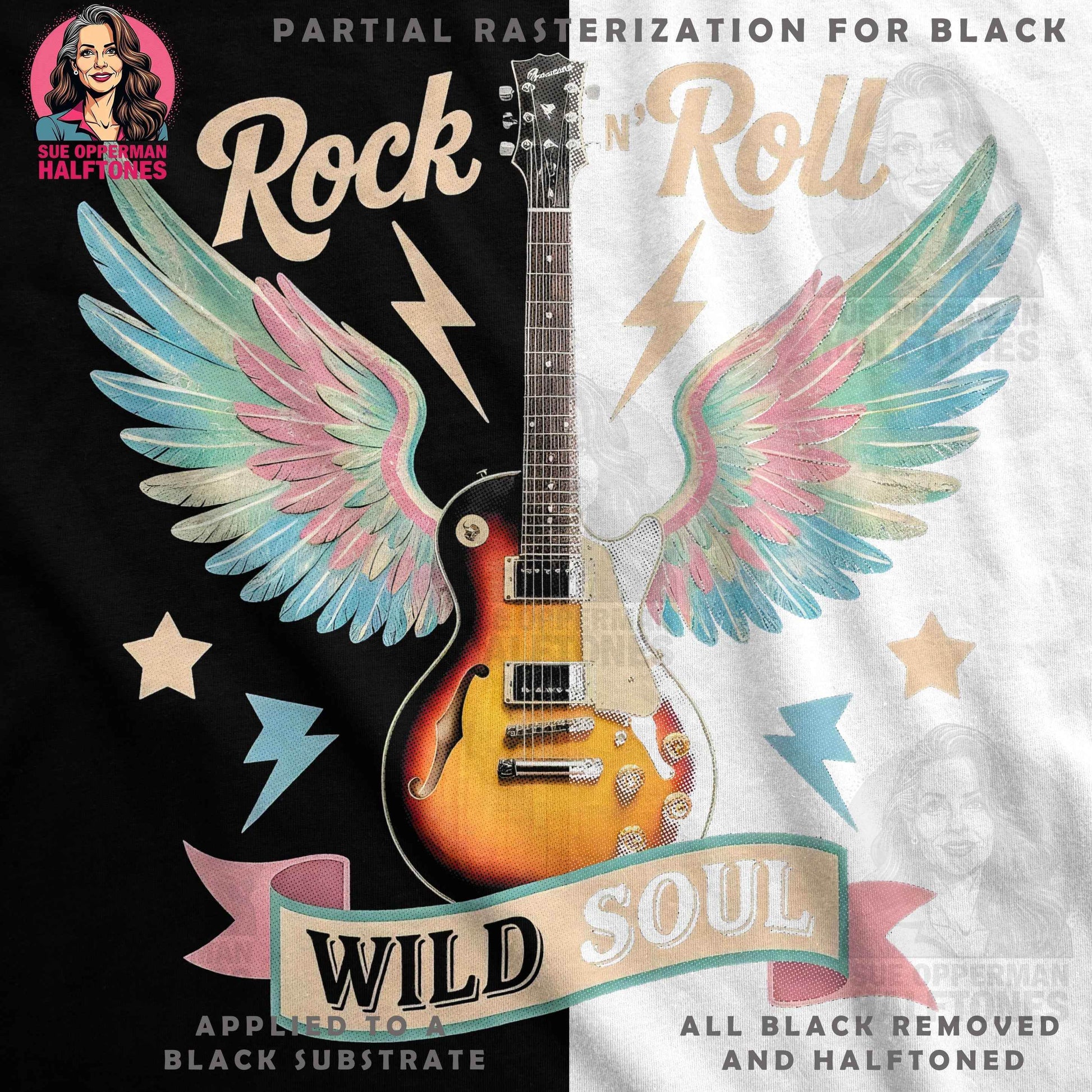 Rock N Roll Guitar with Wings Halftoned T-Shirt Design - halftone PNG for T-shirts – Sue Opperman Halftones