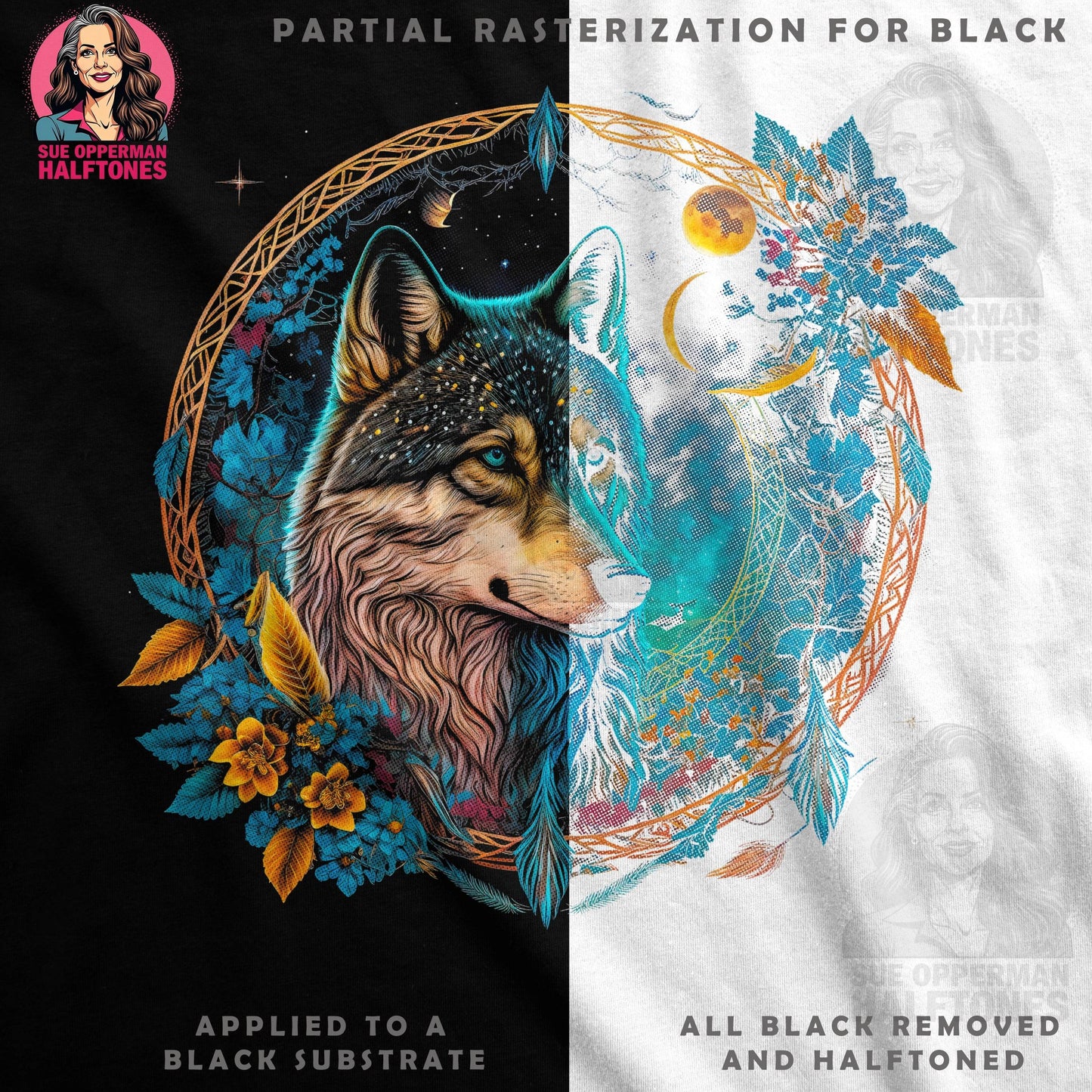 Wolf Floral Dreamcatcher Halftone T-Shirt Design - halftone PNG for T-shirts – Sue Opperman Halftones