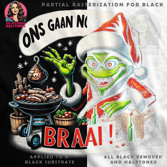 Christmas Grinch Ons Gaan Nou Braai Halftoned T-Shirt Design - halftone PNG for T-shirts – Sue Opperman Halftones