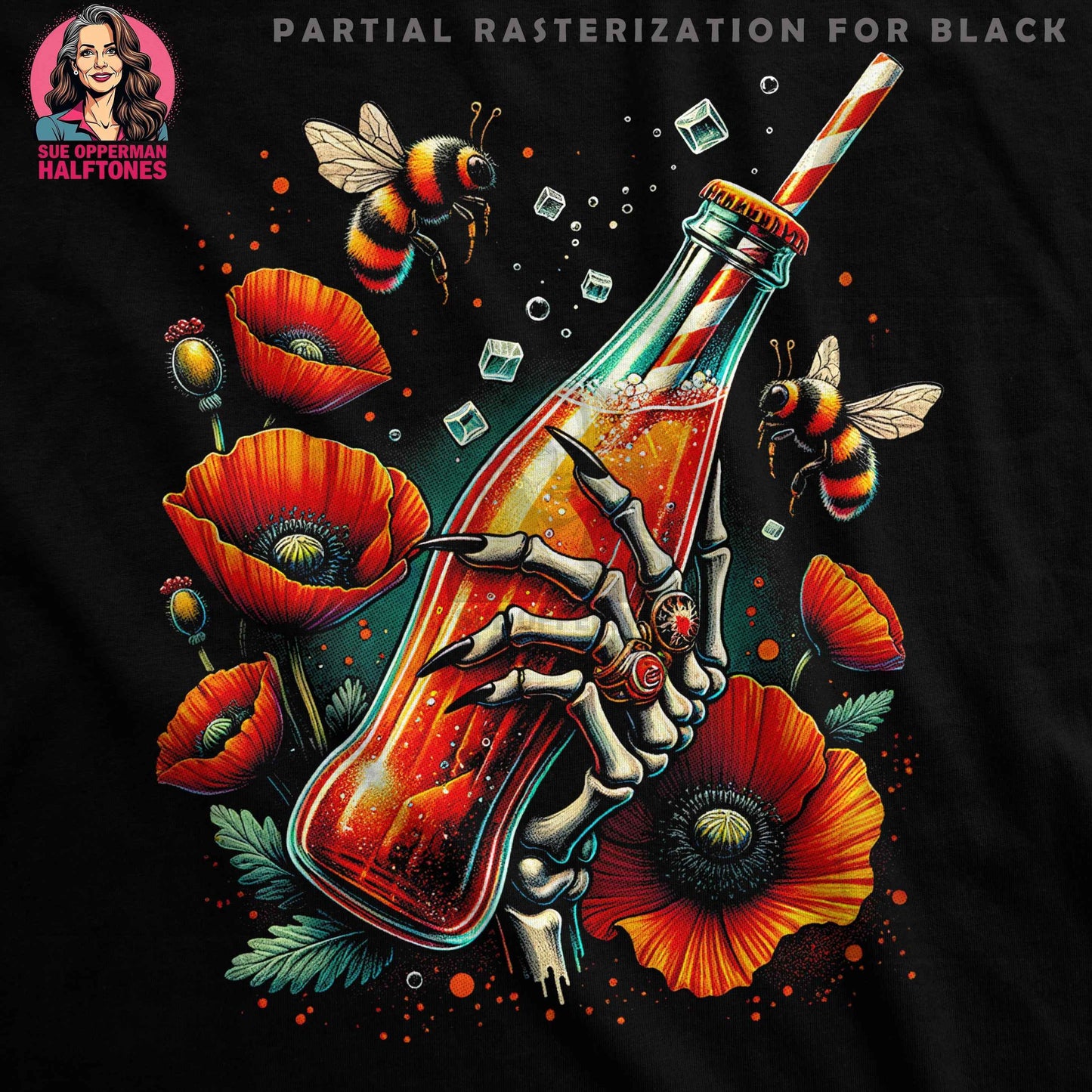Whimsical Beverage with Bees Halftoned T-Shirt Design - halftone PNG for T-shirts – Sue Opperman Halftones