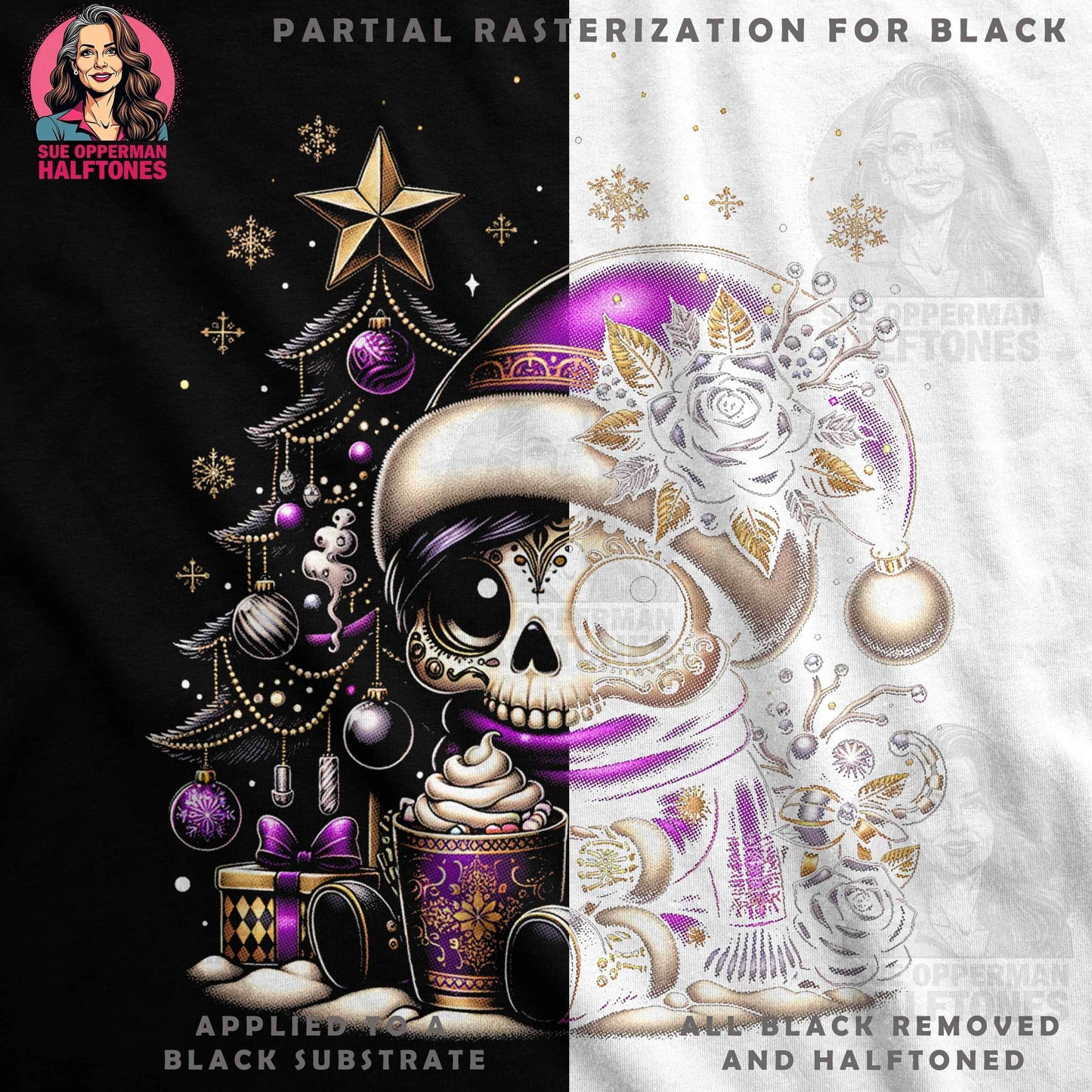 Christmas Sugar Skull with Tree Halftone T-Shirt Design - halftone PNG for T-shirts – Sue Opperman Halftones